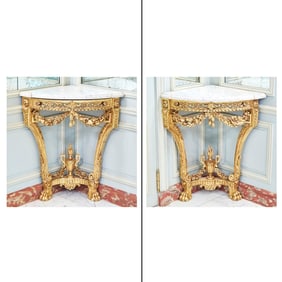 Pair of Louis XVI Marble Top Giltwood Wall Mounted Corner Consoles