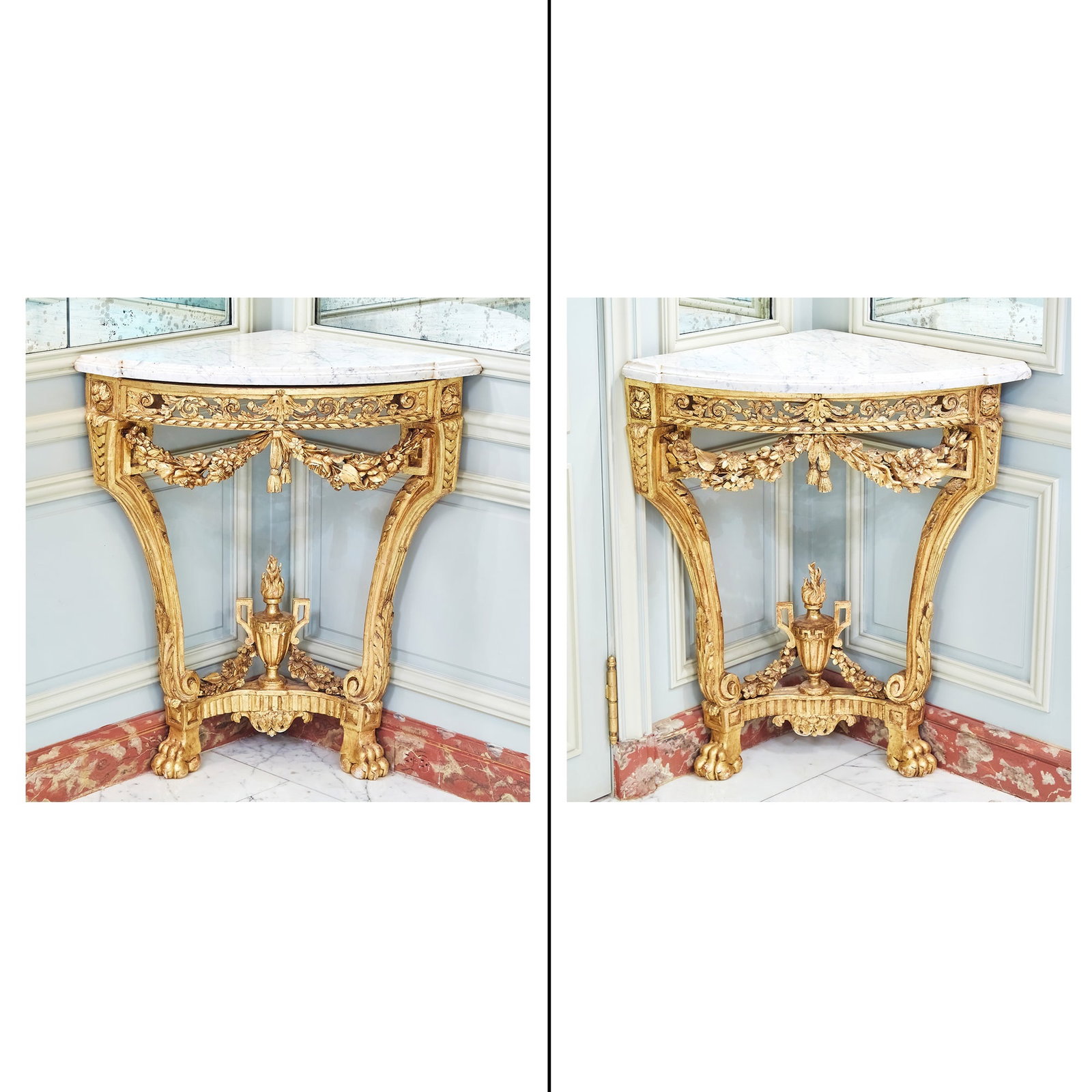 Pair of Louis XVI Marble Top Giltwood Wall Mounted Corner Consoles (1 of 6)