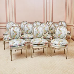 Set of Twelve Louis XVI Brocade Upholstered Painted Wood Dining Chairs Francois Noel Geny, 1780s