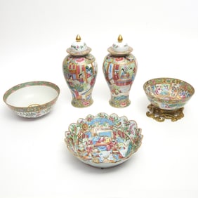 Five Chinese Rose Mandarin Porcelain Articles Late Qing Dynasty