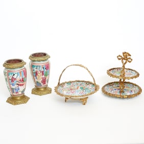 Chinese Gilt-Mounted Rose Mandarin Two-Tiered Tazza