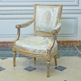 Louis XVI Brocade Upholstered Painted and Giltwood Fauteuil en Cabriolet