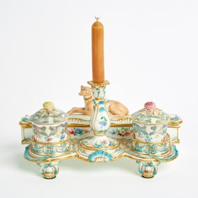 English Porcelain Greyhound Inkstand Circa 1830-40