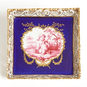 Sevres Style Porcelain Cobalt-Blue Ground Reticulated Square Dish 19th century, spurious blue