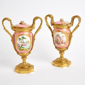 Pair of Sevres Style Porcelain Gilt-Bronze Mounted Two-Handled Vases and Covers Mid-19th century