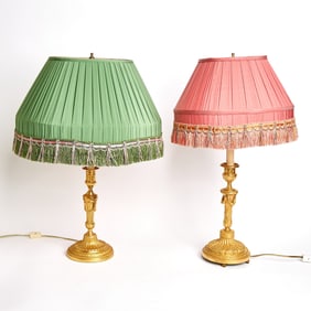 Two Louis XVI Style Gilt Bronze Candlestick Lamps