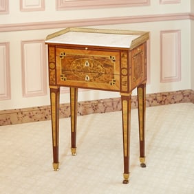 Louis XVI Marble Top Inlaid Mixed Woods Side Table Attributed to Jean-Francois Hache, last quarter
