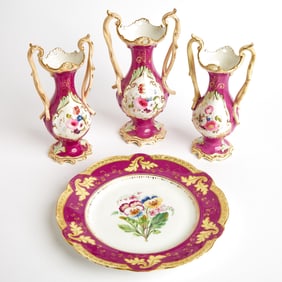 Assembled Three-Piece English Porcelain Maroon-Ground Two-Handled Garniture Together With a
