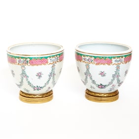 Pair of French Porcelain Gilt-Metal Mounted Cache Pots Late 19th/20th century, possibly Samson