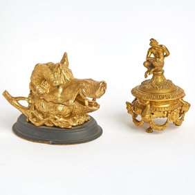 Louis XVI Style Gilt Bronze Covered Ink Pot with Satyr Finial Together with Gilt Bronze Boarsâ