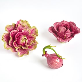 Two Kate Houston Porcelain Models of Cabbages and a Third Modeled as an Onion Dated 2007 or 2010