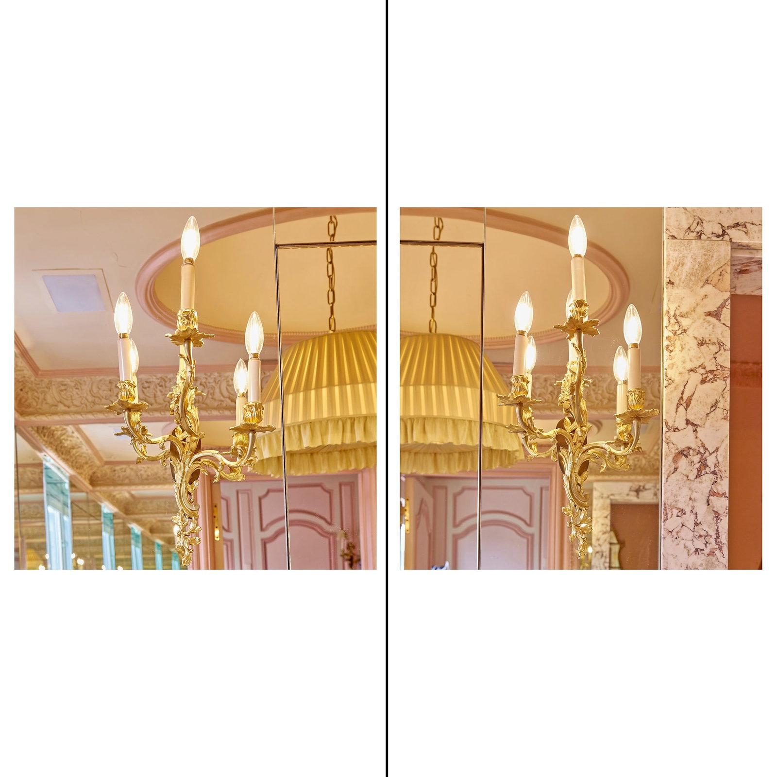 Pair of Louis XV Style Gilt Bronze Three-Light Sconces: Estate / Collection: Property of a Fifth Avenue Philanthropist Each with a foliate scroll back issuing three foliate scroll branches in staggered heights. Height 14 inches (36 cm), width 11 inches (28
