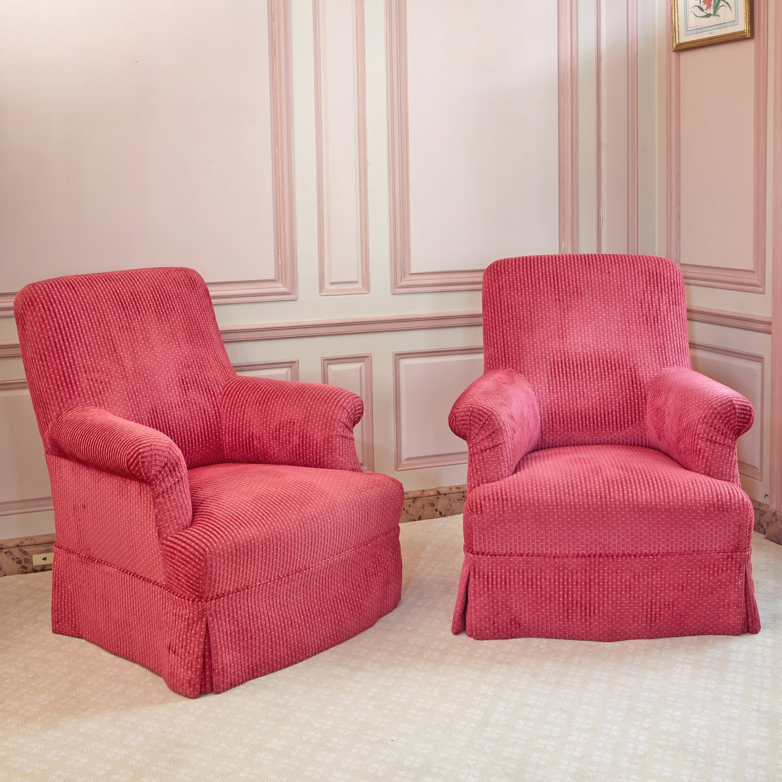 Pair of Upholstered Club Chairs: Estate / Collection: Property of a Fifth Avenue Philanthropist Each with a pleated skirt. Height of back 35 inches (89 cm), height of seat 14 inches (36 cm), width 31 inches (79 cm), depth 34 1/2 inch