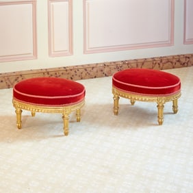 Pair of Louis XVI Style Upholstered Giltwood Footstools