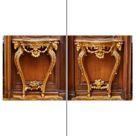 Pair Louis XVI Style Marble Inset Carved Giltwood Wall Mounted Consoles