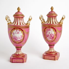 Pair French Porcelain Pink-Ground Two-Handled Vases and Covers Late 19th/20th century, with blue
