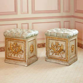 Pair of Continental Empire Style Painted and Parcel Gilt Wood Tufted Upholstered Seats