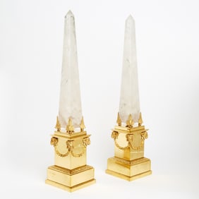 Pair of Gilt Bronze Mounted Rock Crystal Obelisks