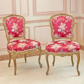 Pair of Louis XV Style Upholstered Giltwood Chaises a la Reine 19th Century