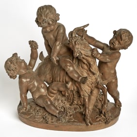 French Terracotta Group of Bacchantes and Goat After Clodion, probably 19th century
