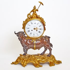 Louis XV Gilt and Patinated Bronze Bull Clock Chardon, Paris, 18th century
