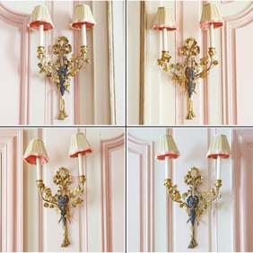 Set of Four Louis XVI Style Patinated and Gilt Bronze Two- Light Sconces