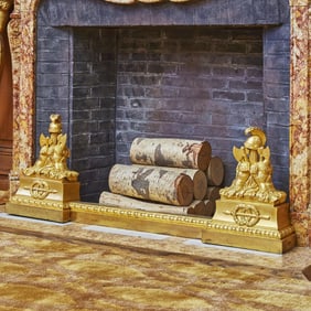Pair of Empire Gilt Bronze Chenets and Fender