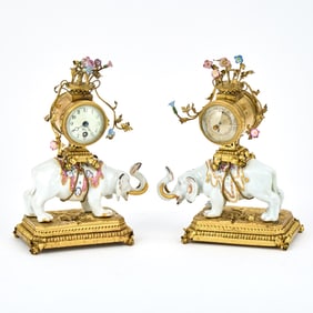 Matched Pair of Gilt-Bronze Mounted Meissen Style Porcelain Models of Elephants