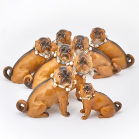 Eight Meissen Style Porcelain Models of Pugs Late 19th/20th century