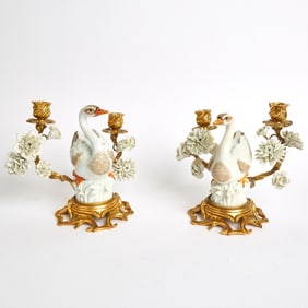 Pair of Mottahedeh Porcelain Swan-Form Two-Light Candelabra 20th century