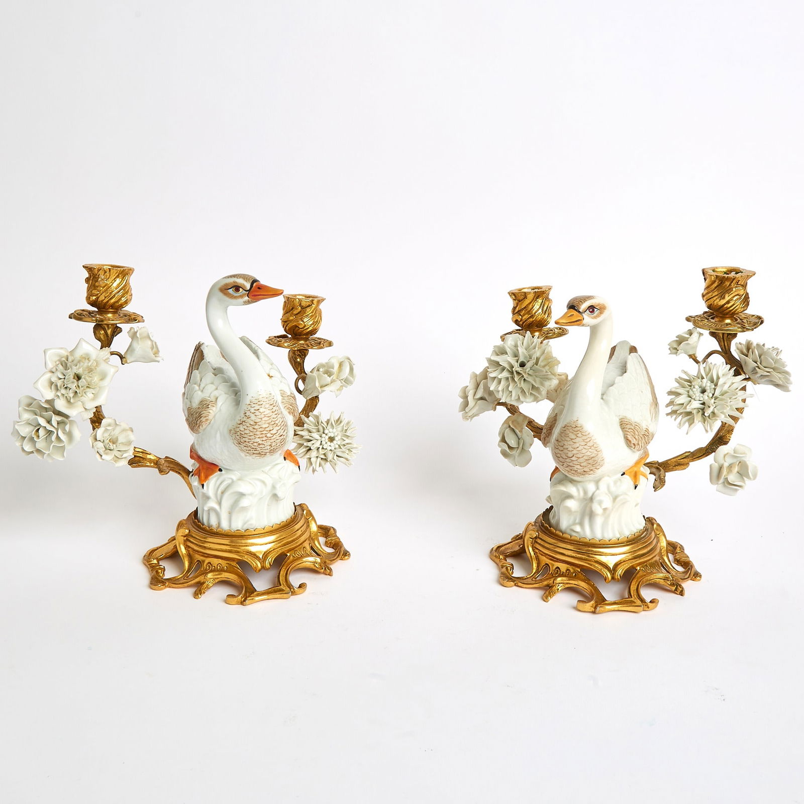Pair of Mottahedeh Porcelain Swan-Form Two-Light Candelabra (1 of 5)