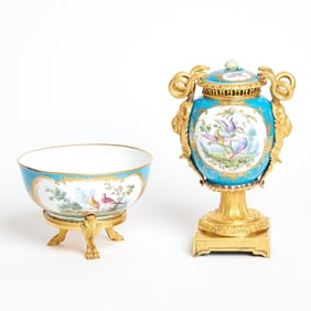 Sevres Porcelain Gilt-Bronze Mounted Turquoise Vase and Cover and Similar Sevres Style Bowl