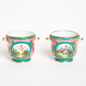 Pair of Sevres Porcelain (Later-Decorated) Pink and Green Ground Cache Pots (Seaux Ã&nbsp;