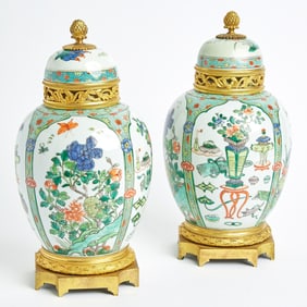 Pair of Samson Porcelain Gilt-Bronze Mounted Famille Verte Ginger Jars and Covers as Pot Pourri