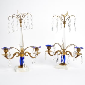 Pair of Gilt Metal, Blue Enamel, and Marble Two-Light Girandole Candelabra