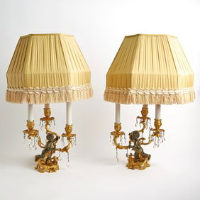 Pair of Louis XV Style Gilt and Patinated Metal Three-Light Candelabra Lamps