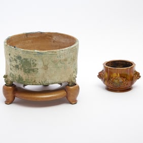 Chinese Green Glazed Pottery Tripod Censer Likely Han Dynasty