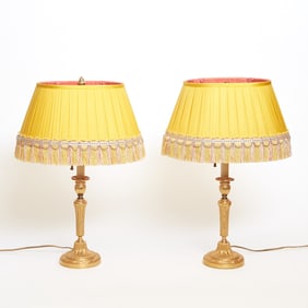 Pair of Louis XVI Style Gilt Brass Candlestick Lamps