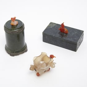 Three Chinese Hardstone and Silver Desk Articles Attributed to Edward Farmer