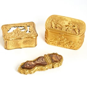 Continental Gilt Metal Mounted Hardstone Etui and Two Gilt Metal Snuff Boxes