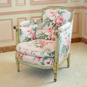 Louis XVI Floral Chintz Upholstered Painted and Parcel Giltwood Bergere