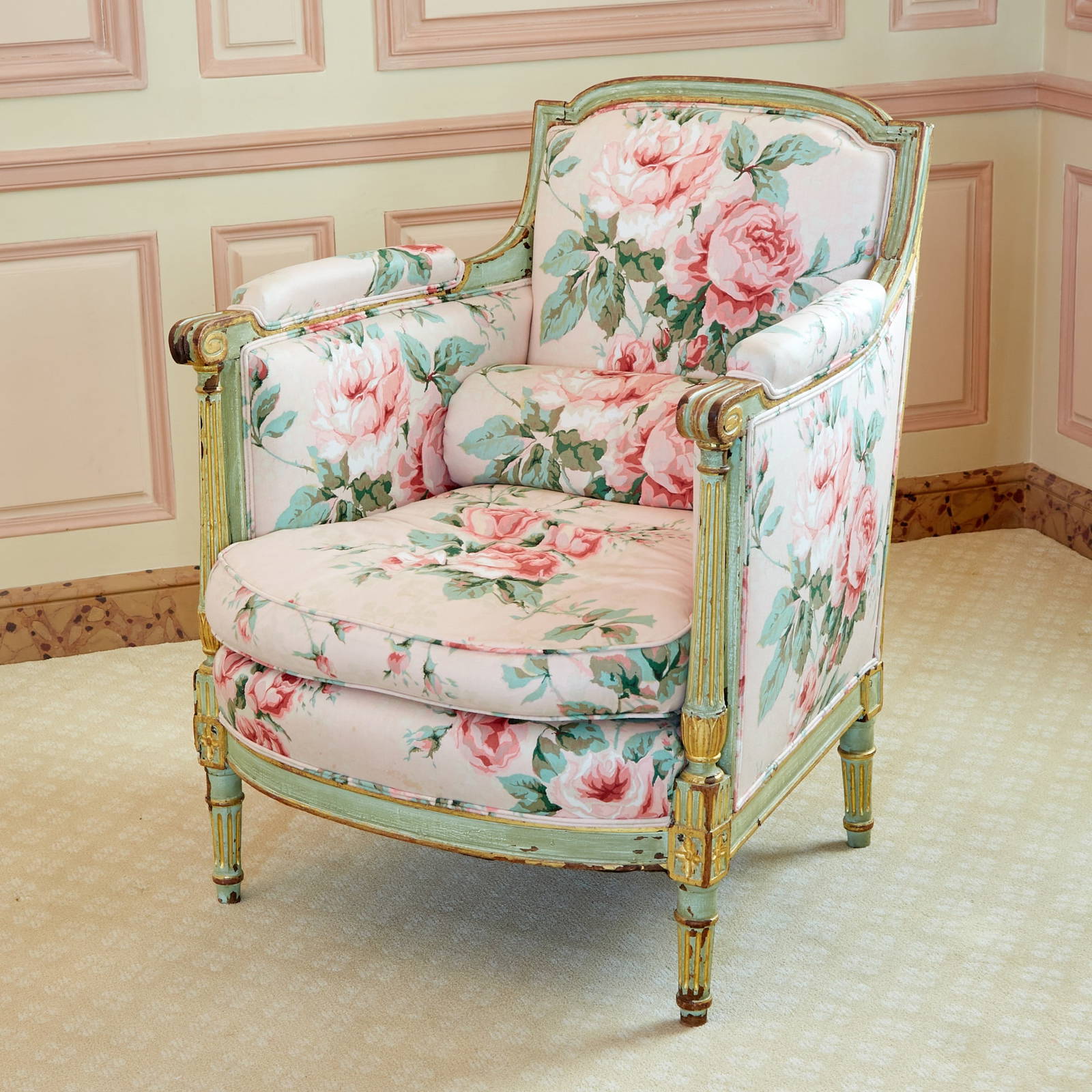 Louis Xvi Floral Chintz Upholstered Painted And Parcel Giltwood Bergere Auction