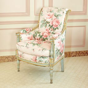 Directoire Floral Chintz Upholstered Painted and Parcel Giltwood Bergere Late 18th century