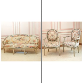 Pair of Louis XVI Tapestry Upholstered Painted Wood Fauteuils en Cabriolets