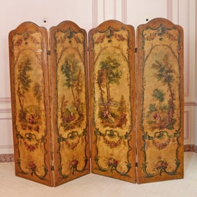 Louis XVI Style Painted Canvas Three-Fold Screen