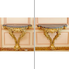 Pair of Louis XV Style Painted and Giltwood Marble Top Wall Mounted Consoles