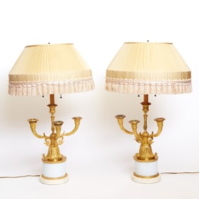 Pair of Charles X Gilt Bronze and Marble Four-Light Candelabra Lamps