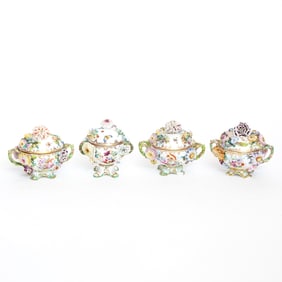 Group of Four English Porcelain Two-Handled Flower-Encrusted Footed Bowls and Covers Circa