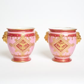Pair of French Porcelain Pink-Ground Cache Pots Late 19th/20th century, blue crossed arrows marks,