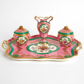 Mintons Porcelain Pink and Green Ground Desk Set Dated 1884